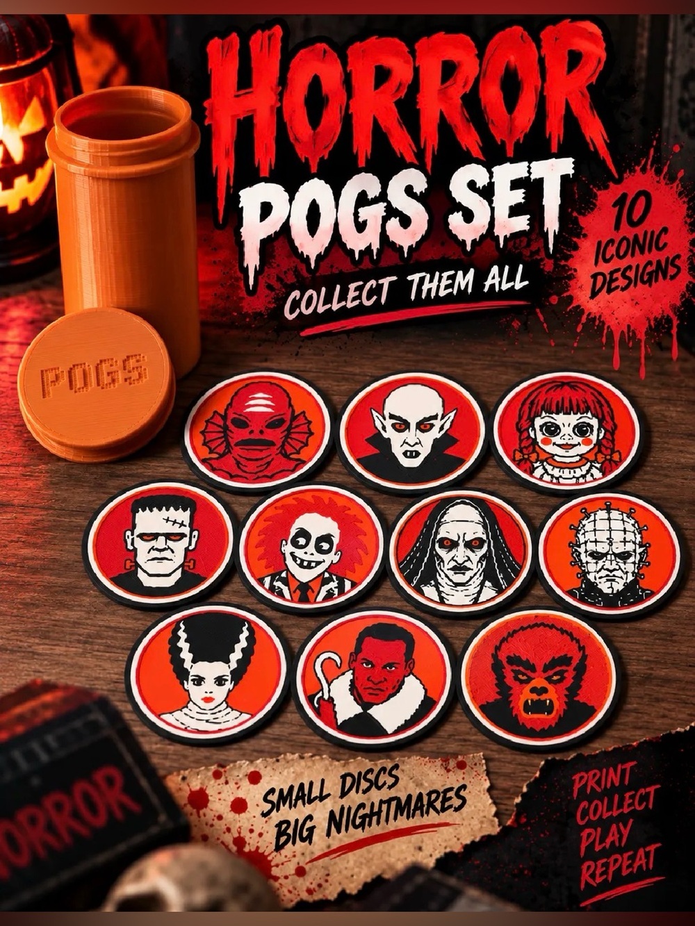 Horror Pogs Set - Orange and Red Collectible Discs